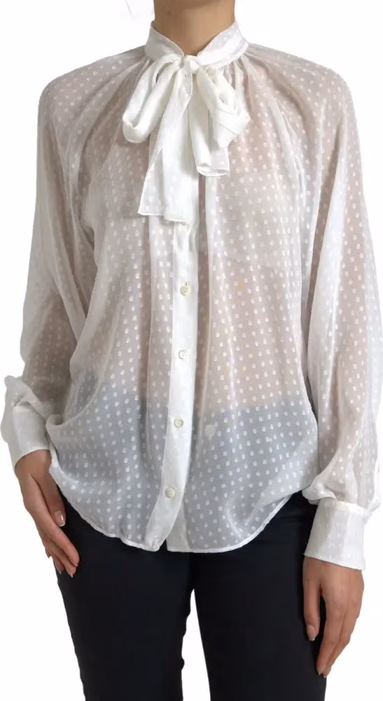 Dolce & Gabbana White Silk Sheer Tied Neck Polka Dots Blouse
