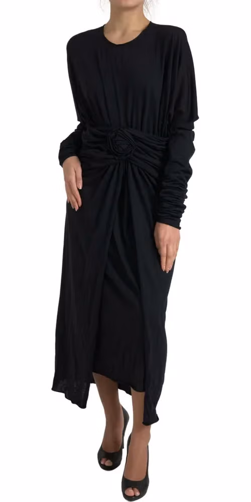Dolce & Gabbana Black Wool Wrap Sheath Midi Gown Dress
