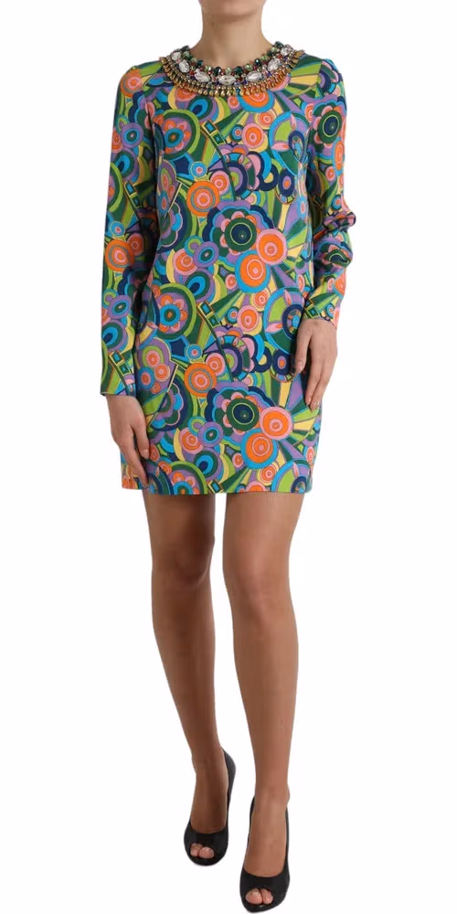 Dolce & Gabbana Multicolor Geometric Print Silk Crystals Midi Dress