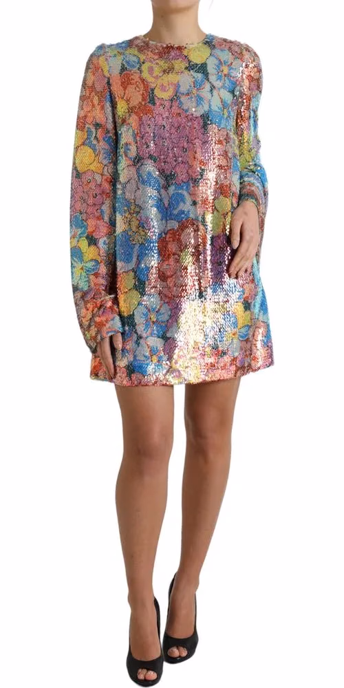 Dolce & Gabbana Multicolor Floral Sequined Shift Mini Dress