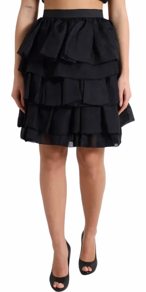 Dolce & Gabbana Black Tiered Aline High Waist Silk Mini Skirt