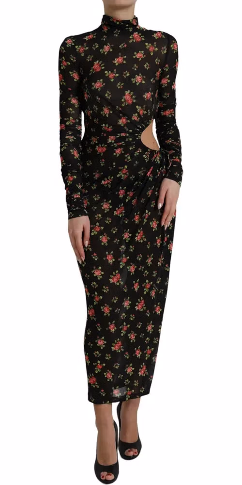 Dolce & Gabbana Black Floral Cut Out Sheath Long Maxi Dress