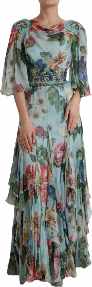 Dolce & Gabbana Blue Floral Print Tiered Long Maxi Dress