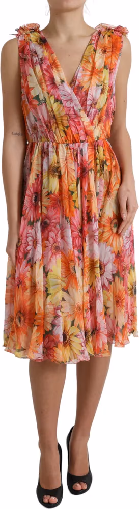Dolce & Gabbana Multicolor Sunflower Print Silk Midi Dress