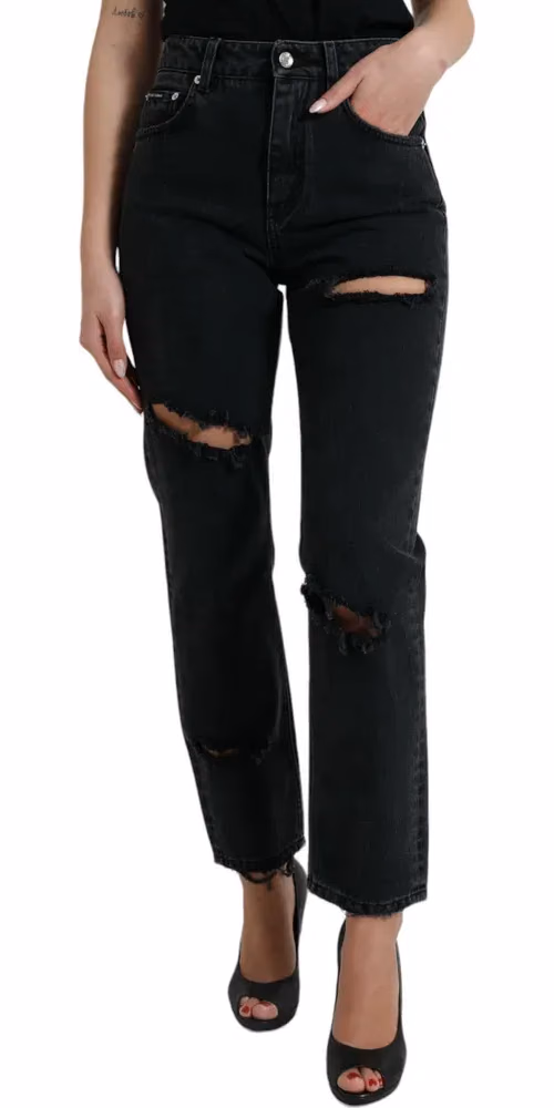 Dolce & Gabbana Black Cotton High Waist Tattered Denim Jeans