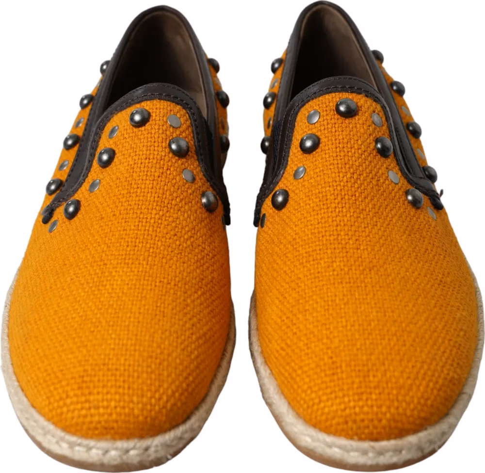Dolce & Gabbana Orange Linen Leather Studded Loafers Shoes