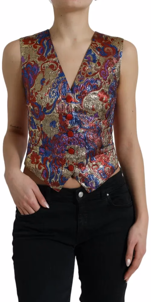 Dolce & Gabbana Multicolor Jacquard Button Waistcoat Vest Top
