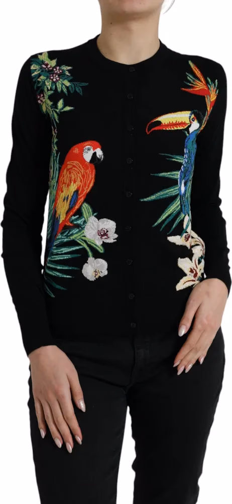 Dolce & Gabbana Black Bird Wool Long Sleeve Cardigan Sweater