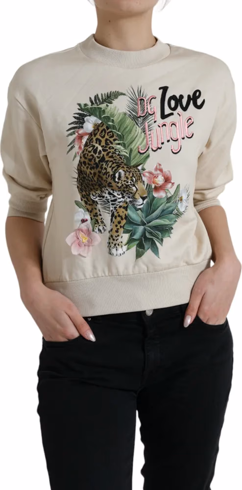 Dolce & Gabbana Beige Jungle Printed Cotton Pullover Sweater
