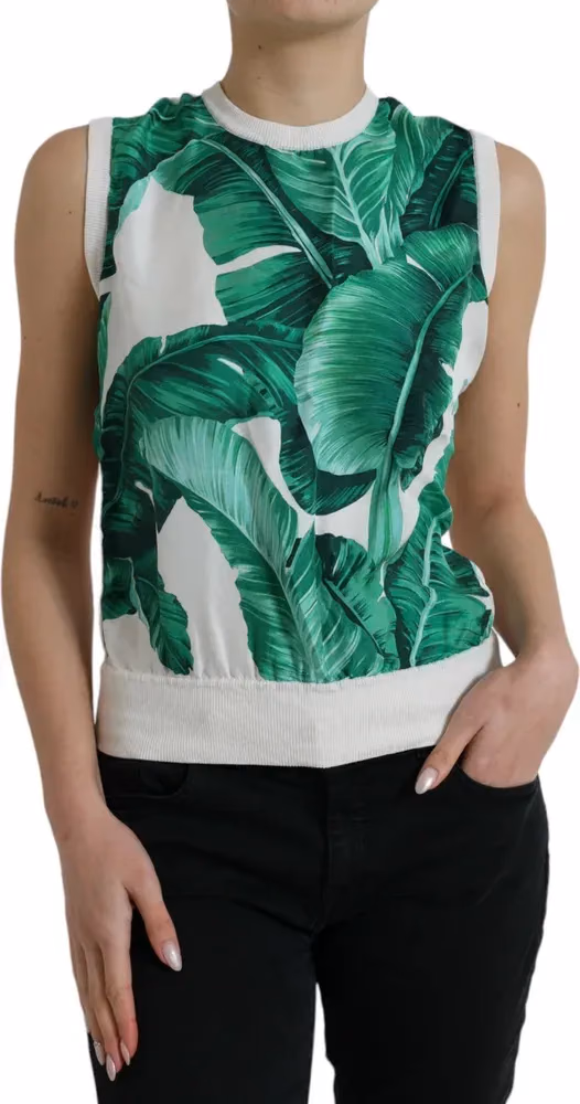 Dolce & Gabbana White Banana Leaf Print Crew Neck Tank Top