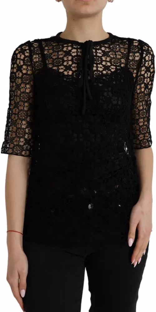 Dolce & Gabbana Black Floral Lace Short Sleeves Blouse Top