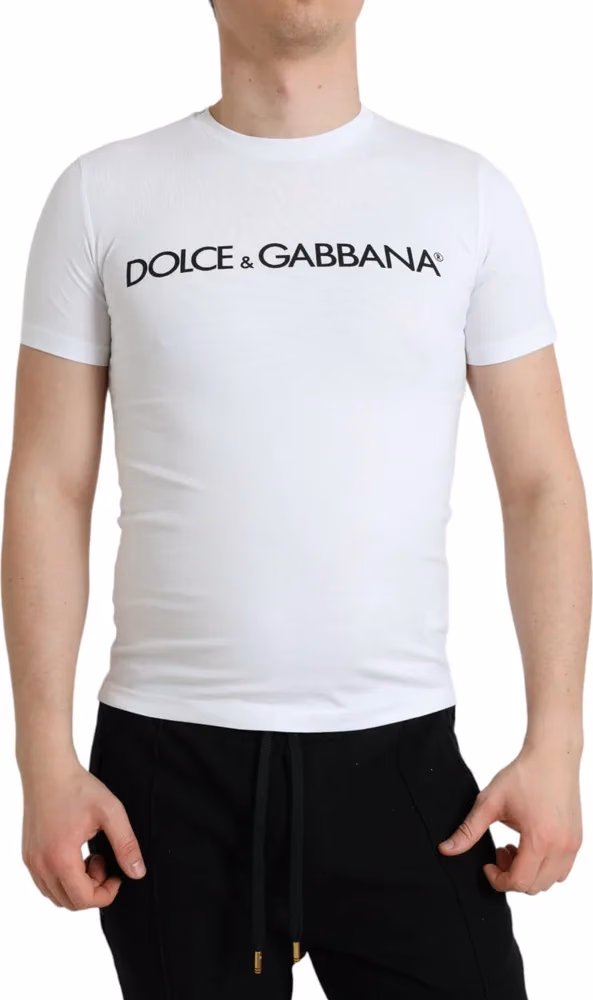 Dolce & Gabbana White Logo Print Cotton Crew Neck T-shirt