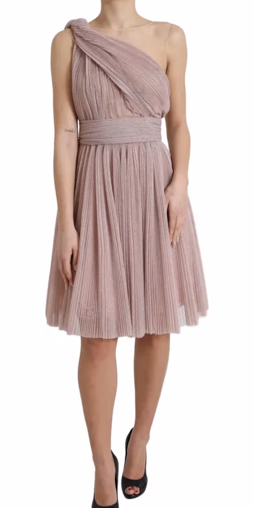 Dolce & Gabbana Light Lilac Pleated Lame Tulle One Shoulder Dress