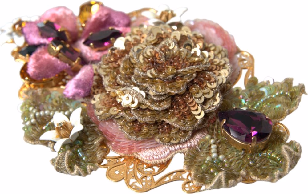 Dolce & Gabbana Gold Brass Floral Crystal Sequined Hair Clip