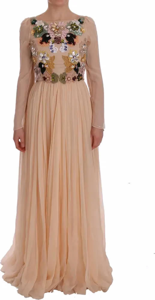 Dolce & Gabbana Pink Silk Floral Crystal Maxi Gown Dress