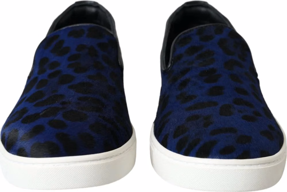 Dolce & Gabbana Blue Calfskin Hair Leopard Sneakers Shoes
