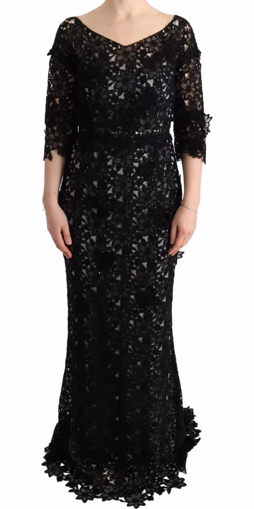 Dolce & Gabbana Black Cotton Silk Floral Long Dress