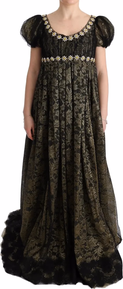Dolce & Gabbana Black Yellow Crystal Lace Shift Dress