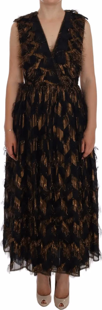 Dolce & Gabbana Black Silk Brown Fringes A-Line Dress