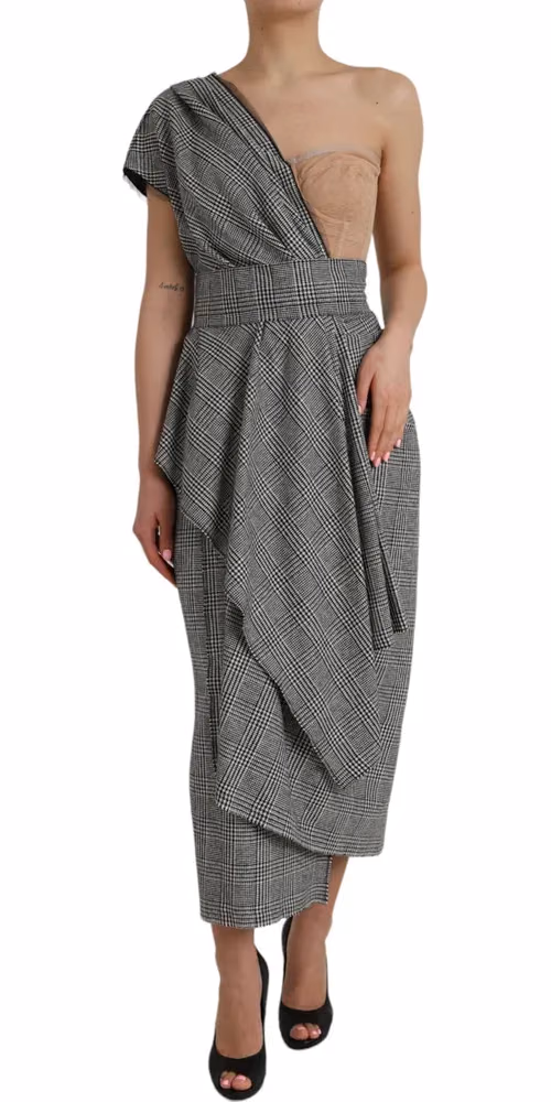 Dolce & Gabbana Gray Beige Layered One Shoulder Maxi Dress
