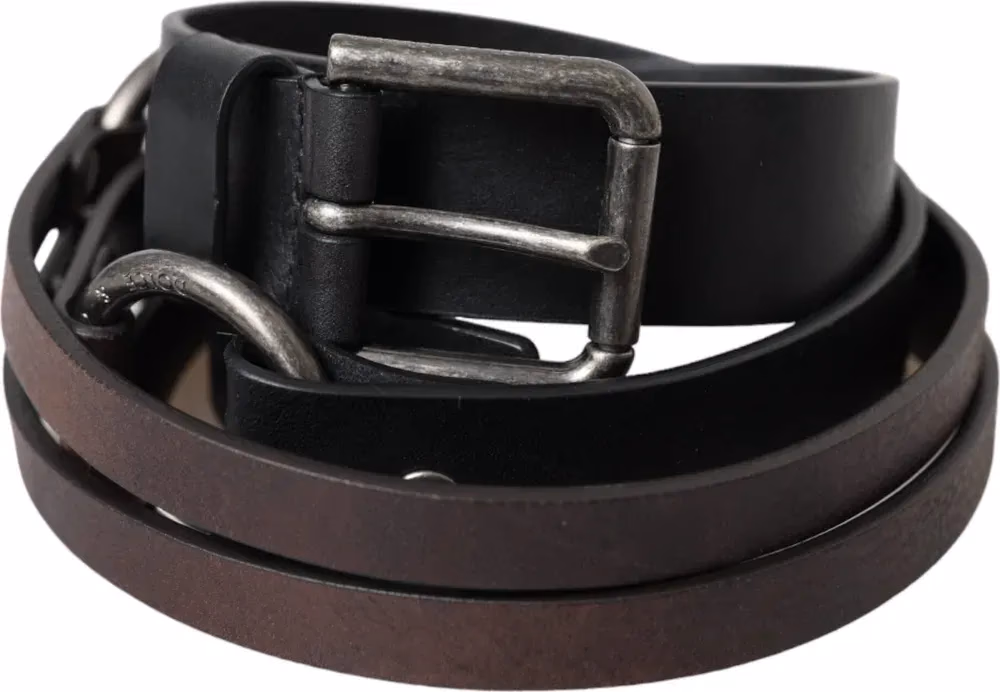 Dolce & Gabbana Black Brown Leather Silver Metal Buckle Belt