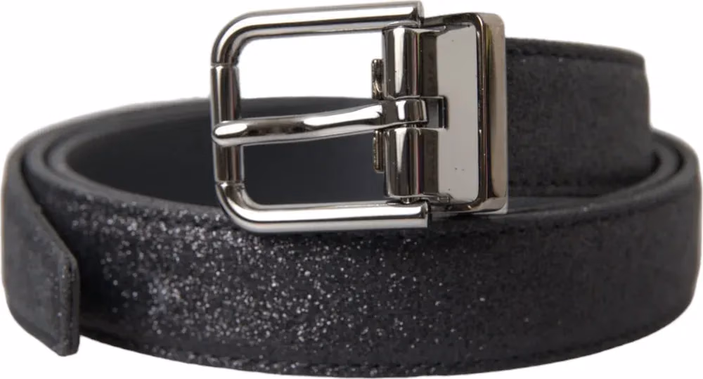 Dolce & Gabbana Black Glittered Leather Silver Buckle Belt