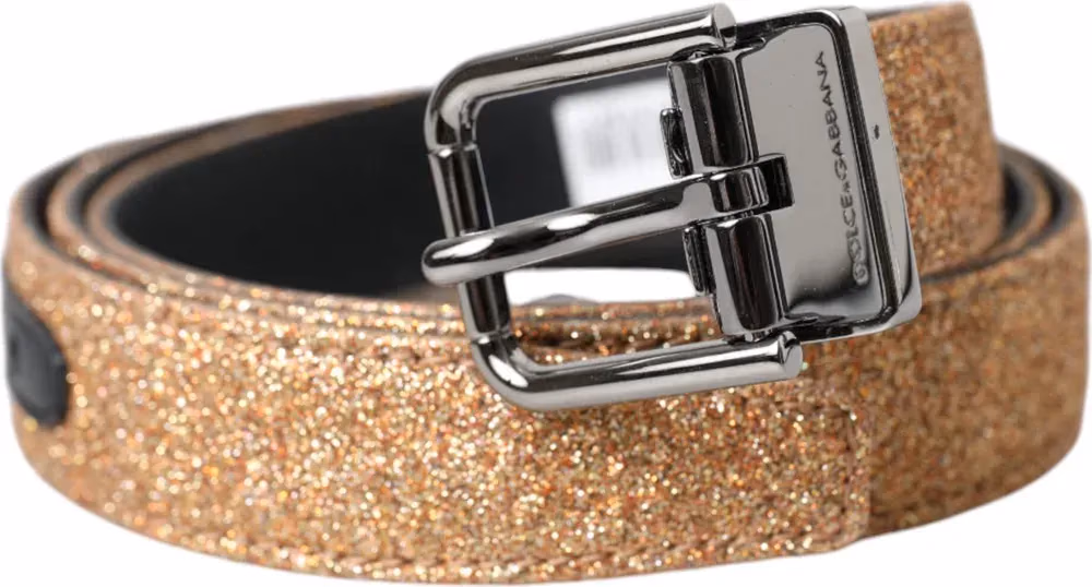 Dolce & Gabbana Gold Glitter Leather Silver Metal Buckle Belt