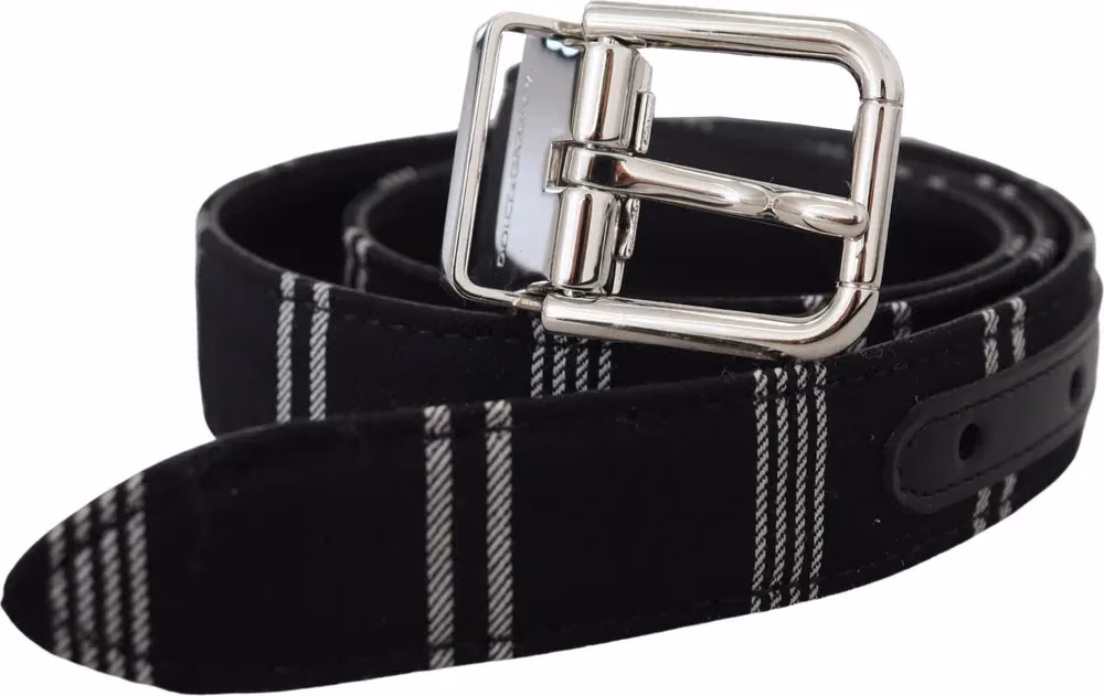 Dolce & Gabbana Black White Cotton Metal Silver Buckle Belt