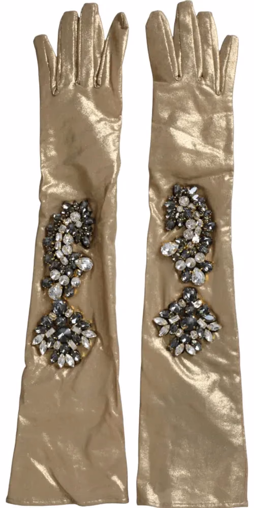 Dolce & Gabbana Beige Satin Crystal Elbow Length Gloves
