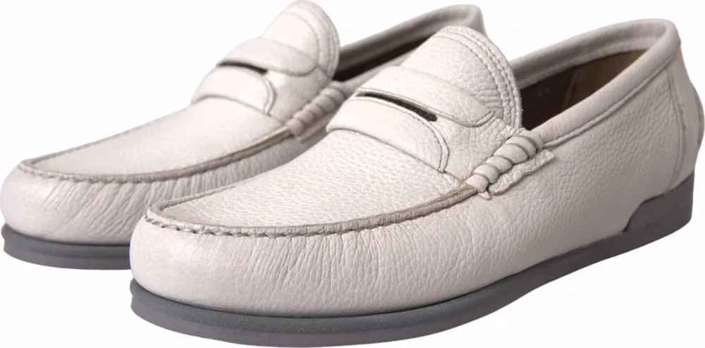 Dolce & Gabbana White Gray Leather Slip Mocassin Shoes Loafer