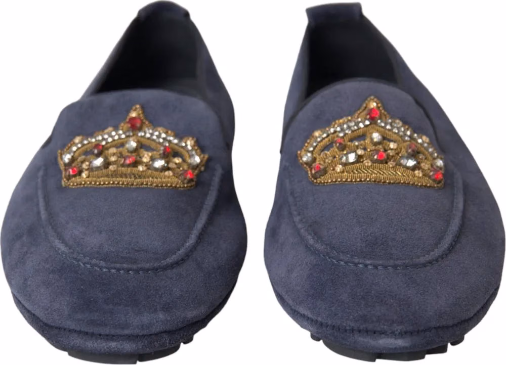 Dolce & Gabbana Blue Leather Suede Crystal Crown Loafers Shoes
