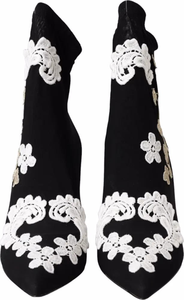 Dolce & Gabbana Black White Embroidery Slip On Boots Shoes