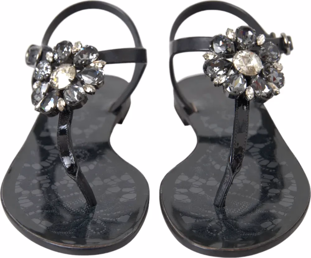 Dolce & Gabbana Black Crystal Flats Sandals Flip Flops Shoes