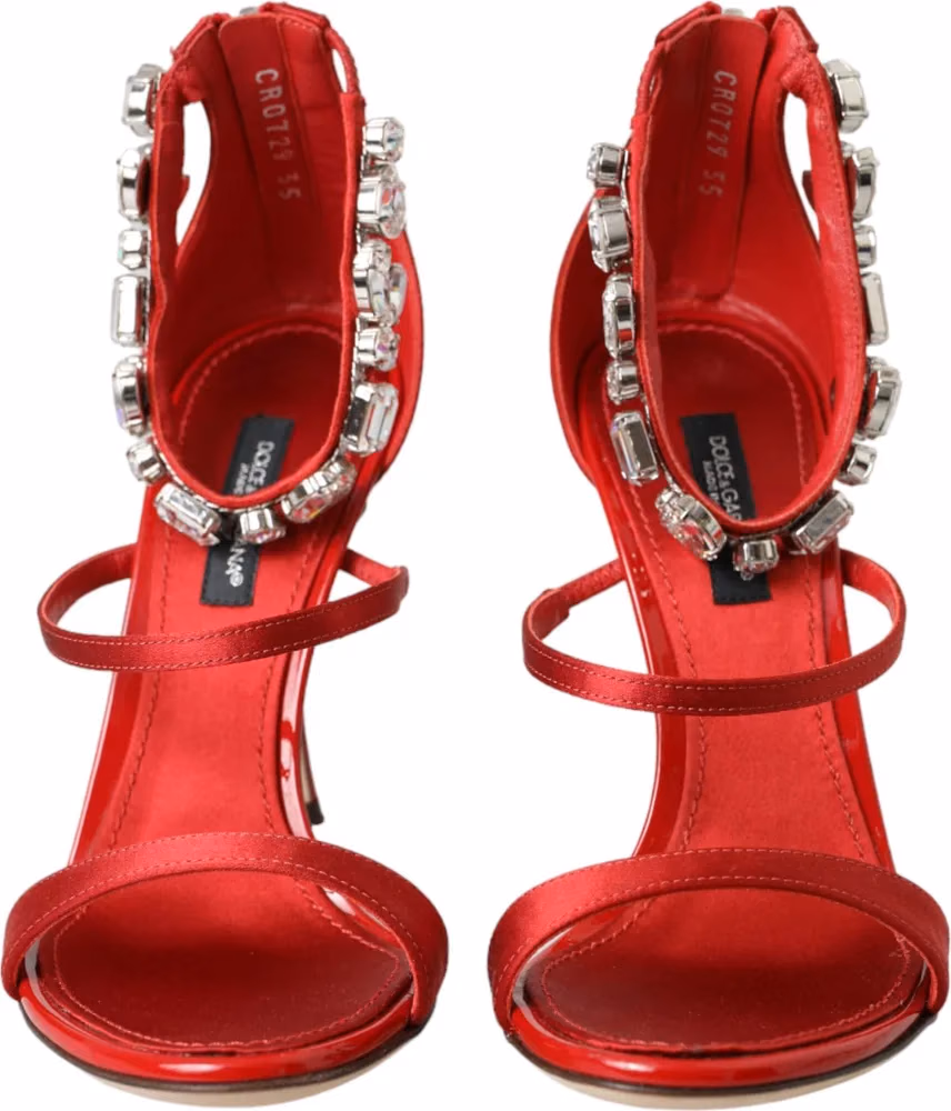 Dolce & Gabbana Red Keira Satin Crystals Sandals Heels Shoes