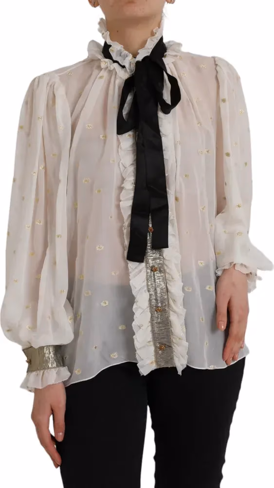Dolce & Gabbana Off White Silk Blend Ascot Collar Blouse Top