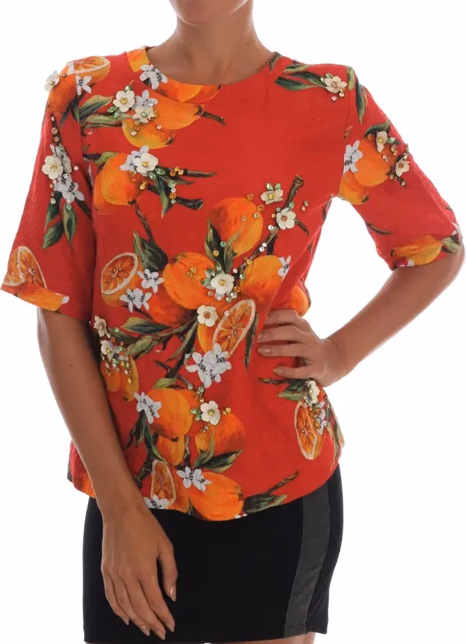 Dolce & Gabbana Orange Print Crystal-Embellished Blouse