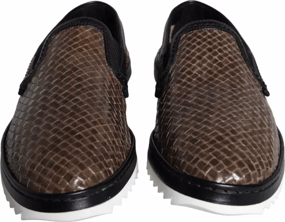 Dolce & Gabbana Brown Black Leather Weaved Men Loafers Shoes