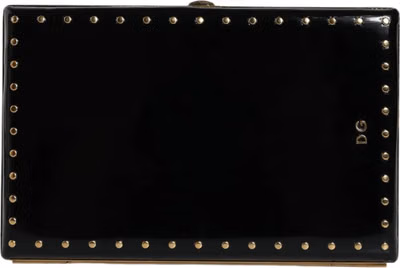Black Leather Studs Gold Frame Clutch Evening Purse Bag