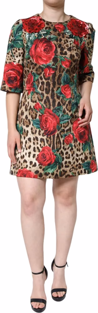Dolce & Gabbana Brown Leopard Red Roses Cotton A-line Dress