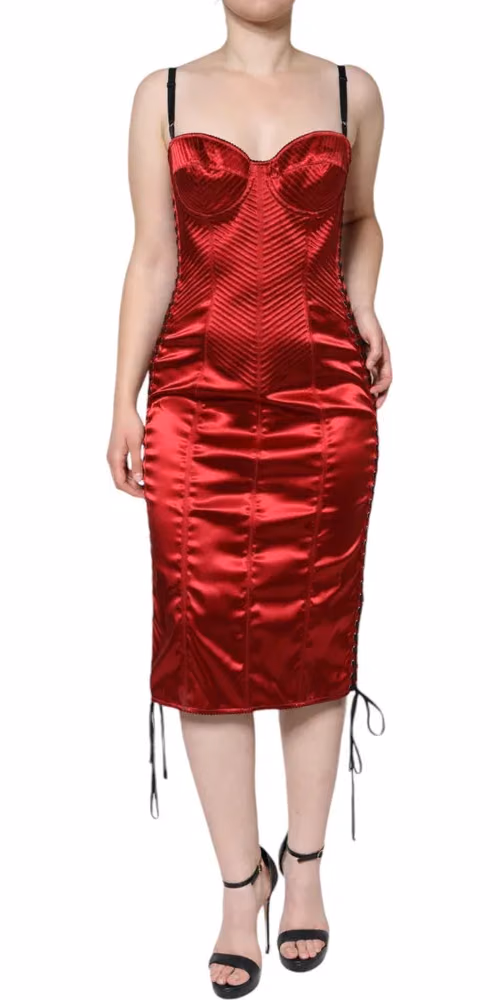 Dolce & Gabbana Red Bustier Corset Lace Bodycon Midi Dress