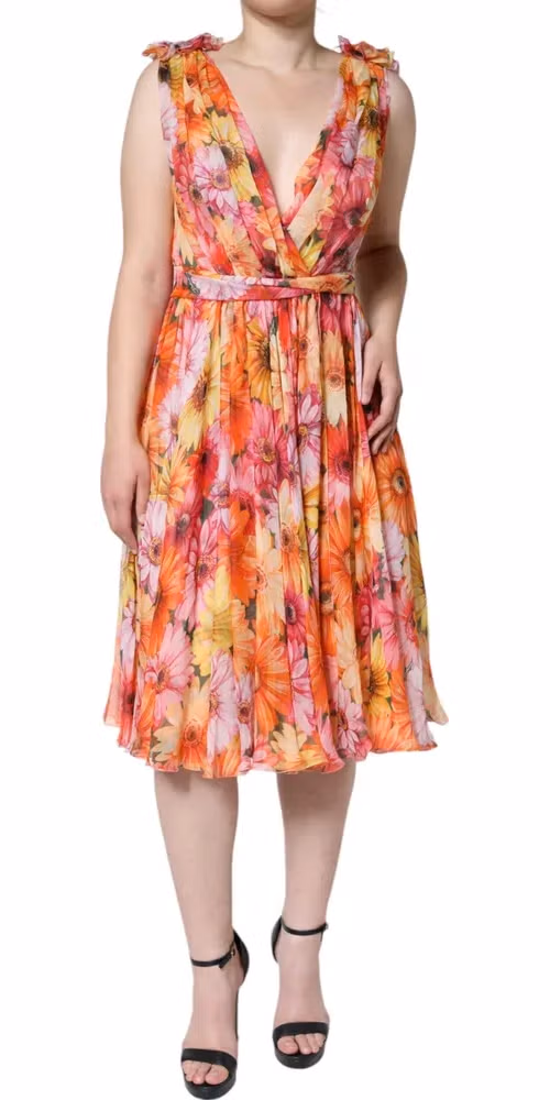 Dolce & Gabbana Multicolor Floral Sleeveless V-neck Midi Dress
