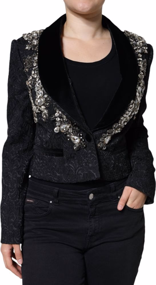 Dolce & Gabbana Black Jacquard Crystal Floral Jacket Blazer