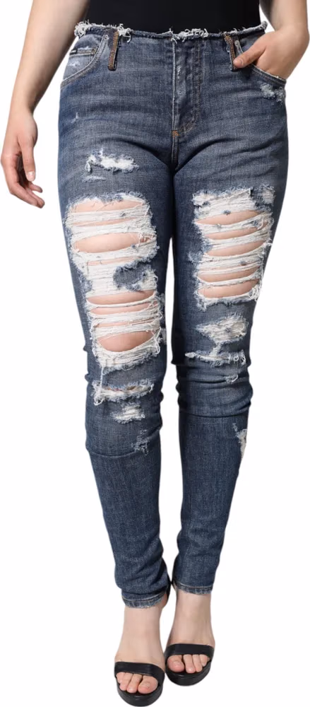 Dolce & Gabbana Blue Cotton Stretch Tattered Skinny Jeans