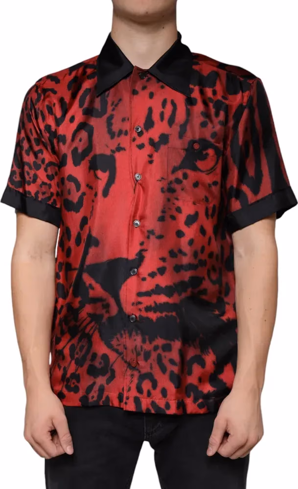 Dolce & Gabbana Red Leopard Silk Button Down Casual Shirt