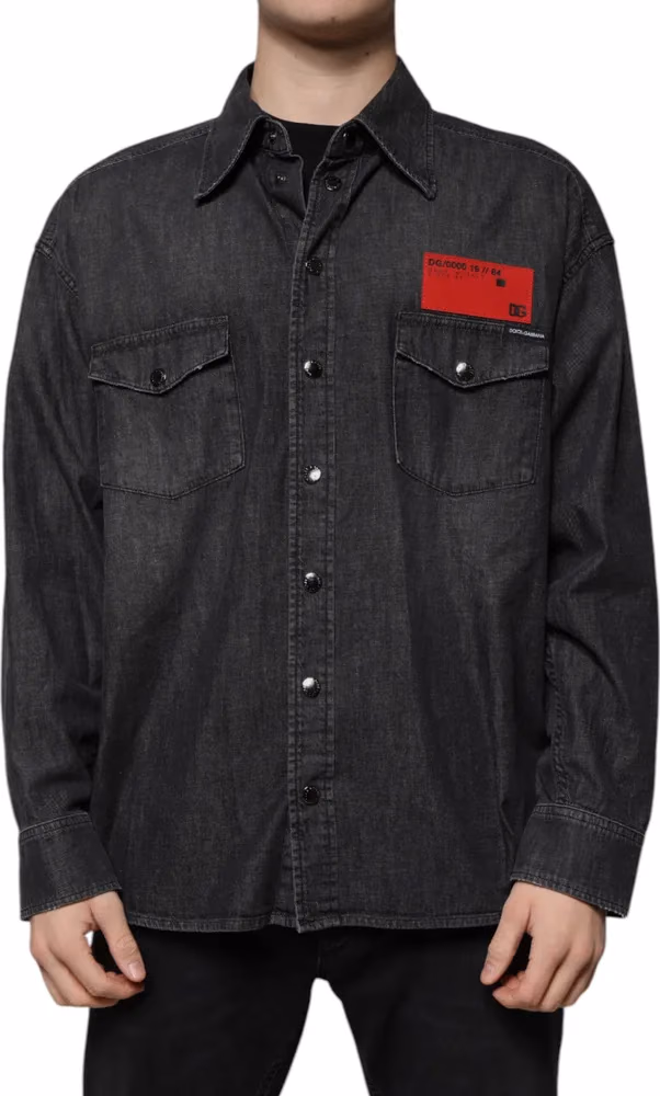 Dolce & Gabbana Black Logo Cotton Button Down Denim Shirt