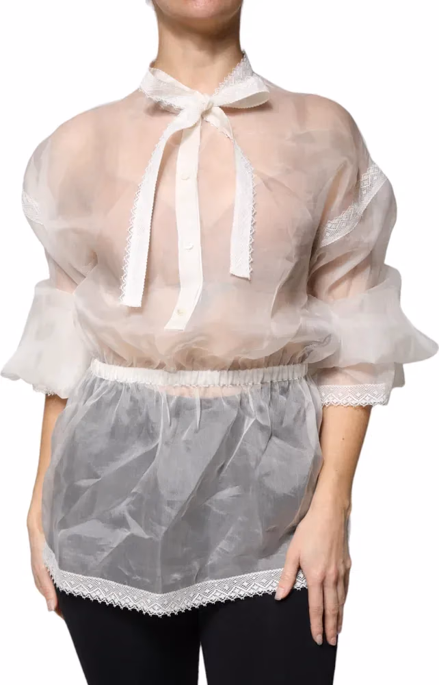 Dolce & Gabbana White Ascot Collar Long Sleeves Blouse Top