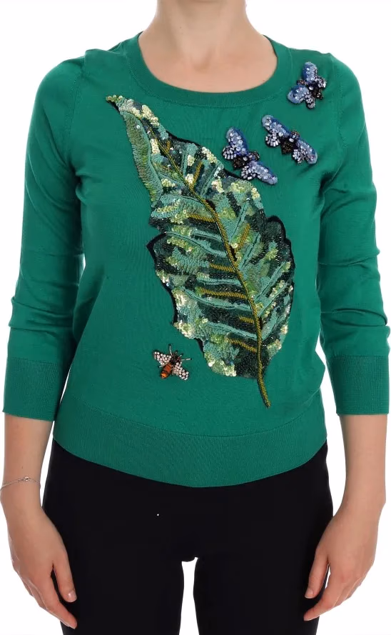 Dolce & Gabbana Green Silk Crystal Banana Sweater