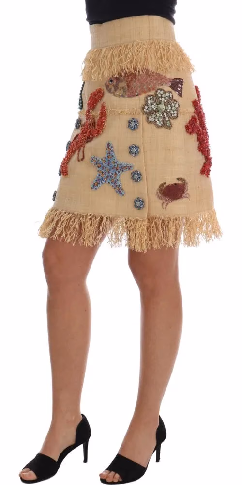Dolce & Gabbana Crystal Beige Palm Fiber Skirt