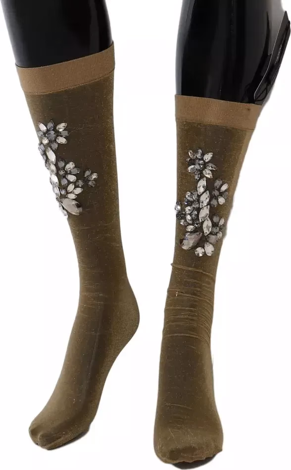 Dolce & Gabbana Gold Stretch Floral Clear Crystal Stocking Socks
