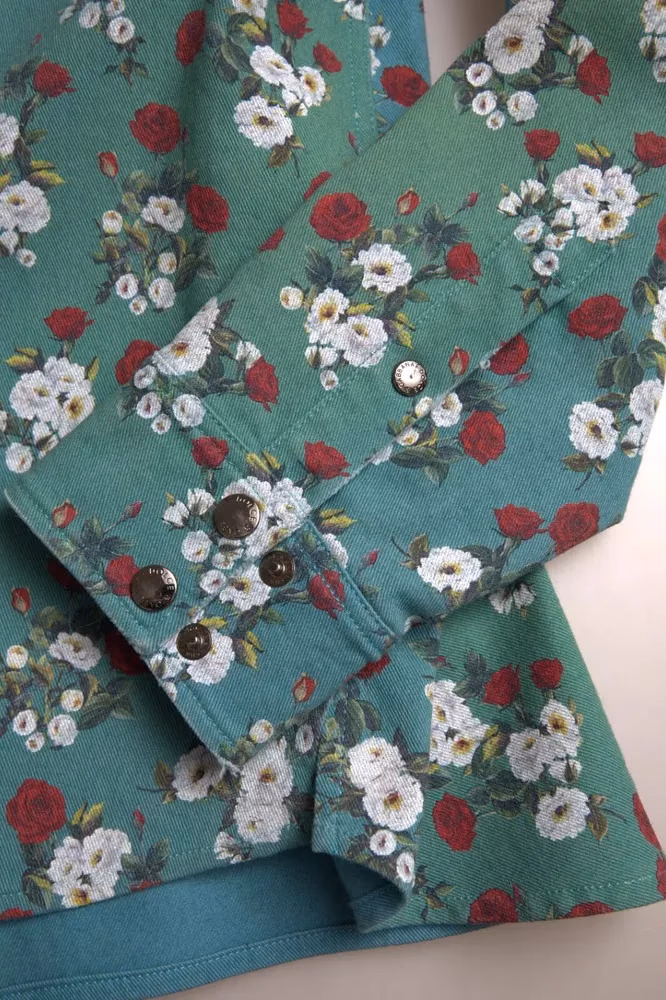 Dolce & Gabbana Blue Floral Cotton Button Down Denim Shirt